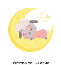 Imagen vectorial de una linda caricatura de ovejas durmiendo en la luna. Los animales bebés están durmiendo.