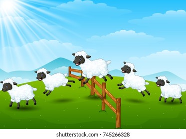 Vector illustration of Cute cartoon sheep collection set in field background