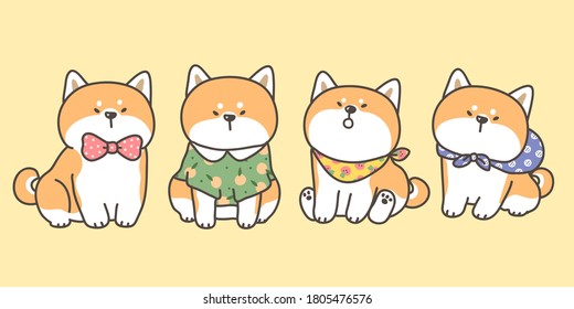 Vector Illustration of Cute Cartoon Shiba Inu Dog Characters on Yellow Isolated Background