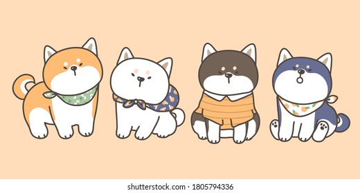 Vector Illustration of Cute Cartoon Shiba Inu Dog Characters on Isolated Background