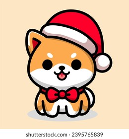 Vector illustration of cute cartoon shiba inu dog wearing a santa or christmas hat 