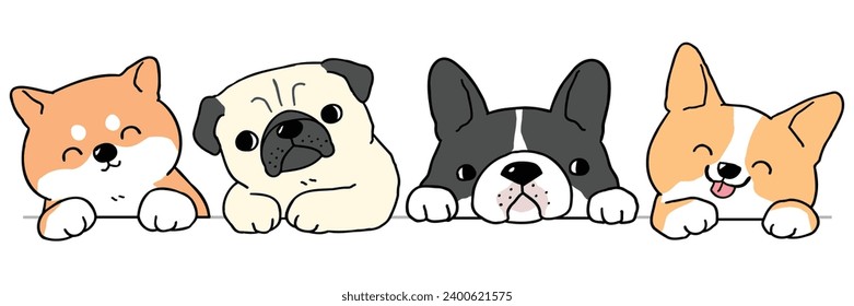 Vector Illustration of Cute Cartoon Shiba Inu, Pug, French Bulldog and Corgi Dog Head Characters on Isolated Background