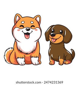 Ilustración vectorial de una tierna caricatura Shiba Inu y Dachshund sentados juntos. Diseño de arte plano perfecto aislado sobre un fondo blanco, ideal para proyectos creativos.