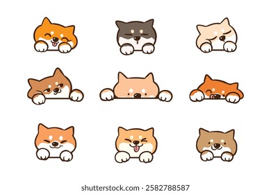 Vector Illustration of Cute Cartoon Shiba Inu Dog Head Characters on Isolated Background. Hand Drawn Vector Illustration. Not AI Generated.