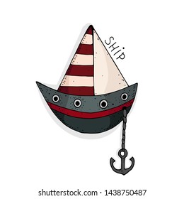 vector illustration with cute cartoon ship.