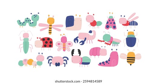 Vector illustration cute cartoon simple colorful insects for kids. Beetle, praying mantis, spider, wasp, bee, ladybug, snail, butterfly, ant, caterpillar, dragonfly, scorpion, moth. Scandinavian.