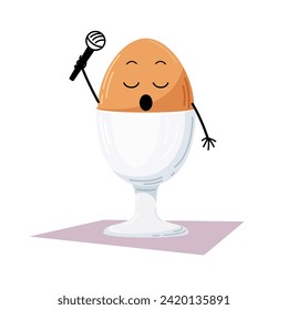 Vector illustration of a cute, cartoon, singing egg with a microphone on a stand. Children's image for prints, stickers, children's room decoration. An egg with a face. Egg emoticons.