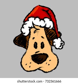Vector illustration with cute cartoon sketch dog with red santa claus hat, symbol of new year. Holidays greeting card.