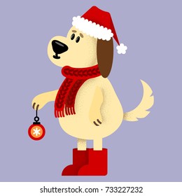 Vector illustration with cute cartoon sketch dog with red santa claus hat, boots and scarf, symbol of new year. Holidays greeting card.