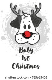 Vector illustration with cute cartoon sketch dog, symbol of new year. Holidays greeting card. Design for baby, child or adult clothing like t-shirts or pajamas