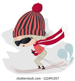 Vector illustration of a cute cartoon skiing girl.