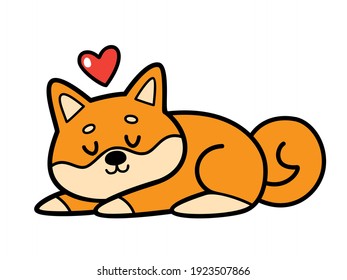 Vector illustration of cute cartoon sleeping shiba in love isolated on white. Cute and funny dog with hearts for Valentines day.