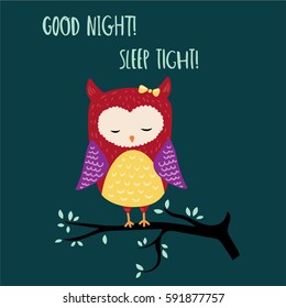 vector illustration of cute cartoon sleeping owl sitting in tree