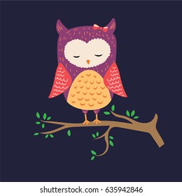 vector illustration of cute cartoon sleeping owl sitting on tree