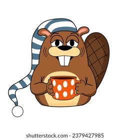 Vector illustration of a cute cartoon sleepy beaver with a cup of coffee on a white background. Pictures for children's design, nursery, postcards, books, stickers, print for clothes