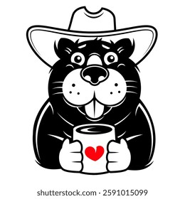 Vector illustration of a cute cartoon sleepy beaver with a cup of coffee on a white background. Pictures for children's design, nursery, postcards, books, stickers, print for clothes