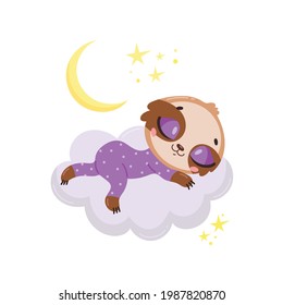 Vector illustration of a cute cartoon sloth sleeping on a cloud. Baby animals are sleeping.