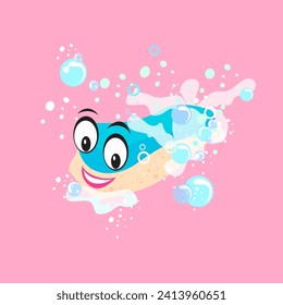 Vector illustration of cute cartoon smiling face with soap bubbles on pink background.