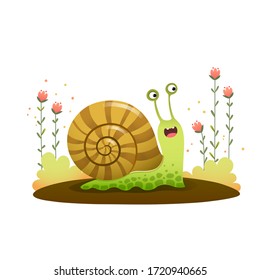 Vector illustration cute cartoon snail crawling in the garden on white background.