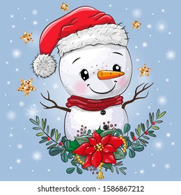 Vector illustration Cute cartoon Snowman with Christmas wreath