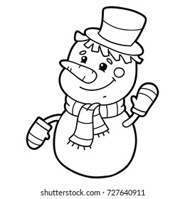 Vector illustration of cute cartoon snowman character for children, coloring page