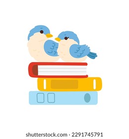 Vector illustration of cute cartoon sparrow birds on book stack