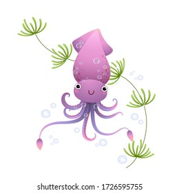 Vector illustration cute cartoon squid underwater in the sea.