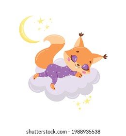 Vector illustration of a cute cartoon squirrel sleeping on a cloud. Baby animals are sleeping.