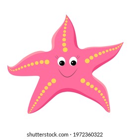 Vector illustration of a cute cartoon starfish with happy face. Smiling sea star. Color character for children. Adorable marine creature isolated on a white background.