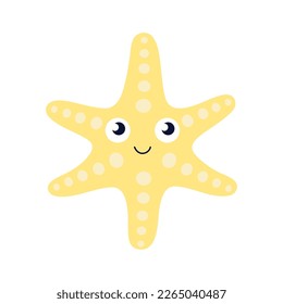 vector illustration of cute cartoon starfish with happy face, yellow smiling sea star, color character for children, adorable marine creature isolated on white background