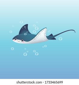 Vector illustration cute cartoon stingray swimming in the deep blue sea 