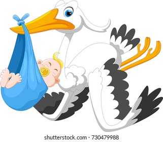 Vector illustration of cute cartoon stork carrying baby