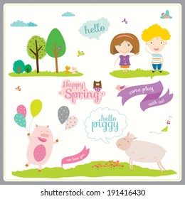 Vector illustration in a cute and cartoon style with place text bubbles, labels, ribbons and tags. Bright background with nice and funny animals and children. Spring or summer season.