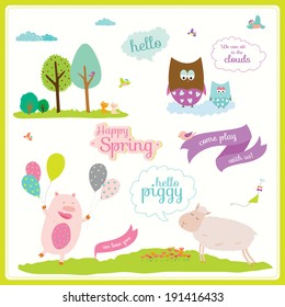 Vector illustration in a cute and cartoon style with place text bubbles, labels, ribbons and tags. Bright background with nice and funny animals. Spring or summer season.