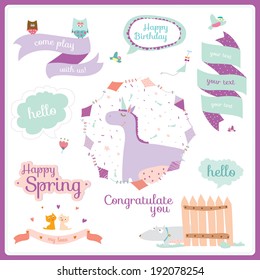 Vector illustration in a cute and cartoon style with place text bubbles, labels, ribbons and tags. Bright background with nice and funny animals. Spring or summer season.