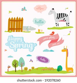 Vector illustration in cute   cartoon style and place text bubbles  labels  ribbons   tags  Bright background and nice   funny animals  Spring summer season 