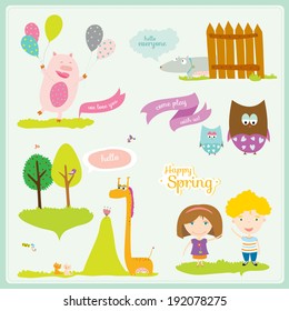 Vector illustration in a cute and cartoon style with place text bubbles, labels, ribbons and tags. Bright background with nice and funny animals and children. Spring or summer season.