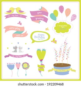 Vector illustration in a cute and cartoon style with place text bubbles, labels, ribbons and tags. White background with nice and funny animals, birds and flowers. Spring or summer season.
