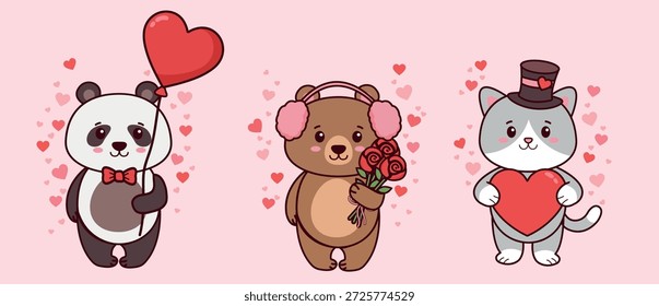 Eine Vektorgrafik in einem niedlichen Cartoon-Stil, dem Thema Liebe oder Valentinstag gewidmet. Dargestellt sind: ein Panda, ein Bärenjunge und ein Kätzchen. Vektortiere zum Valentinstag