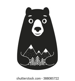 Vector illustration with cute cartoon style bear. Pine trees and mountains. Black and white print design, home decoration poster, 