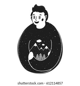 Vector illustration with cute cartoon style boy holding pine trees and mountains. Black and white print design, home decoration poster with nature