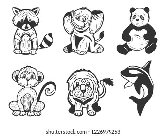 Vector illustration of cute cartoon stylized animals set. Raccoon, elephant, panda, monkey, lion, killer whale. Cute hand drawn kids nursery illustration. Doodle style.