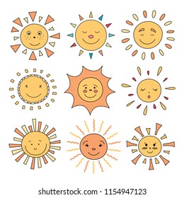 Vector illustration of cute cartoon sun characters. Set of sky objects. 