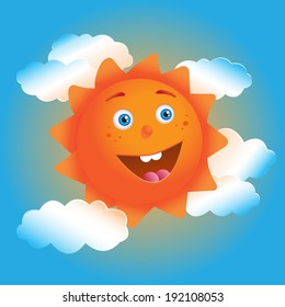 Vector illustration of cute cartoon sun in blue sky