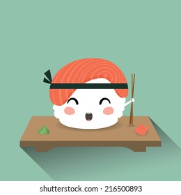 Vector illustration of a cute cartoon sushi. Japanese food. Nigiri sush. Eps 10