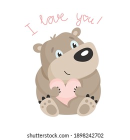 vector illustration of cute cartoon teddy bear with heart for valentine's day. bear with the inscription I love you