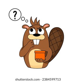 Vector illustration of a cute cartoon thinking beaver, on a white background. Pictures for children's design, nursery, postcards, books, stickers, print for clothes, sticker.