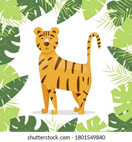 Vector illustration of cute cartoon tiger in tropical leaves frame