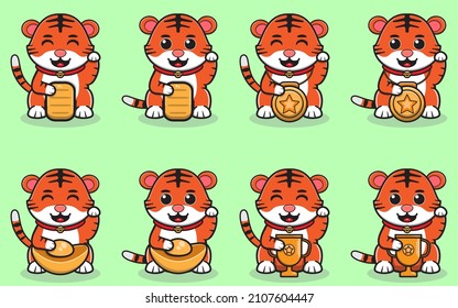  Vector Illustration of Cute cartoon tiger. Smiling tiger cartoon. Set of cute little tiger characters. Animal holidays cartoon character. Lucky cat pose. Flat icons in cartoon style.