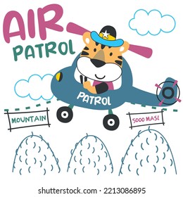 Vector illustration of cute cartoon tiger pilot. Cartoon character for childrens book, album, baby shower, greeting card, party invitation, house interior. Vector stock illustration.